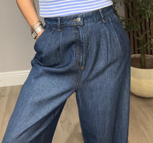 Dark Wash High-Waisted Pleated Trousers - 33839