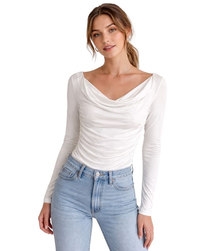 White Draped Cowl Neck Top - 33963