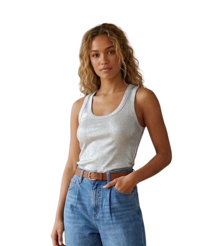 Silver Metallic Ribbed Tank Top - 34010