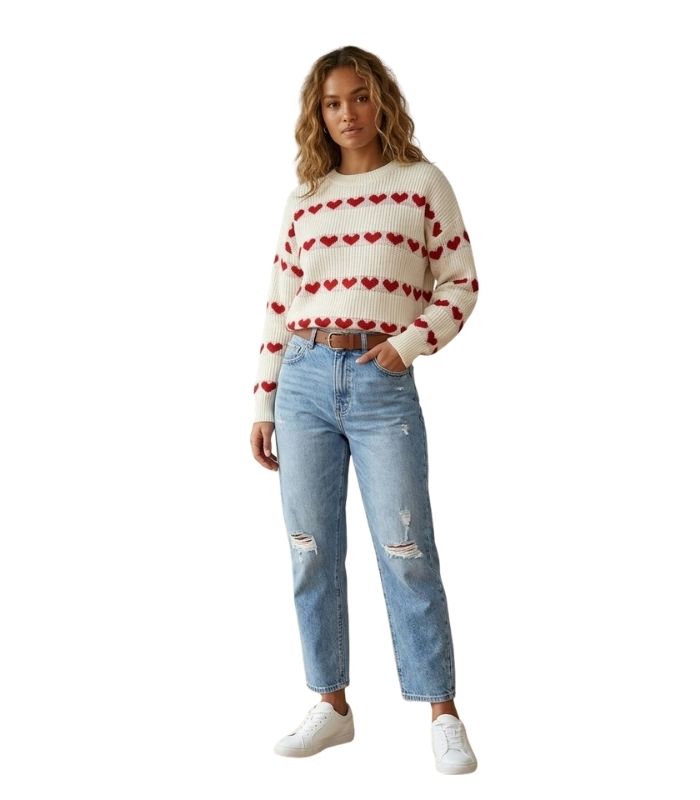 Heart Pattern Knit Sweater - 34043