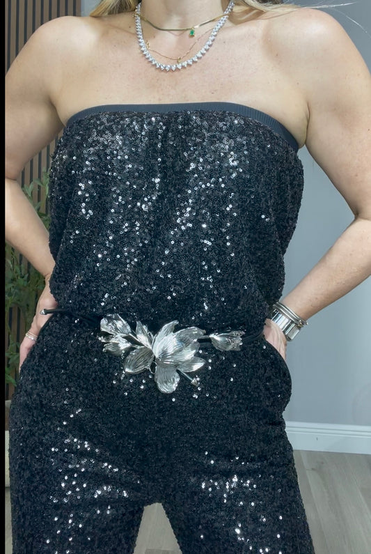 Black Sequin Strapless Jumpsuit - 33325
