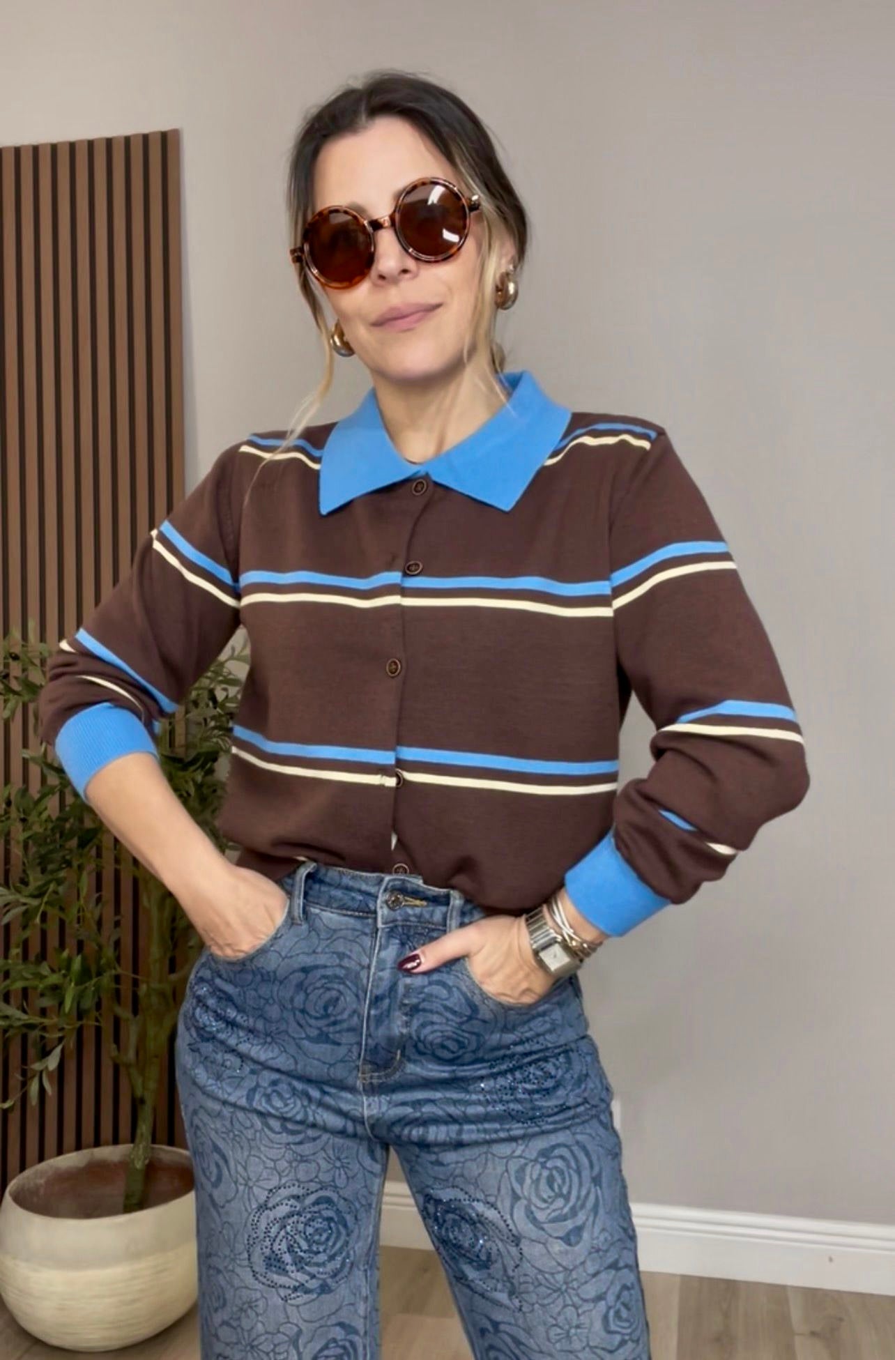 Retro Stripe Knit Polo Sweater - 32337
