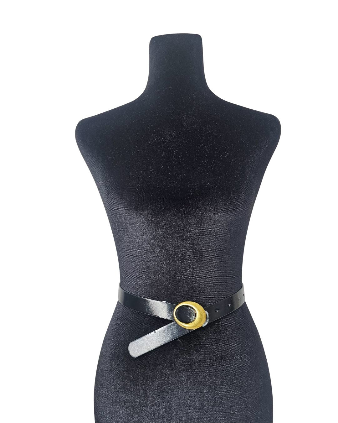 Classic Black Leather Belt with Asymmetrical Gold Buckle - 11099