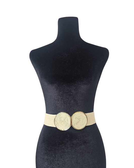 Elastic Straw-Effect Belt with Gold-Tone Buckles - 32802