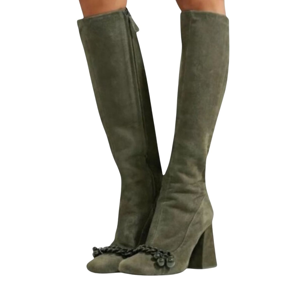 Tory Burch Green Chain-Embellished Suede Knee Boots – 30903
