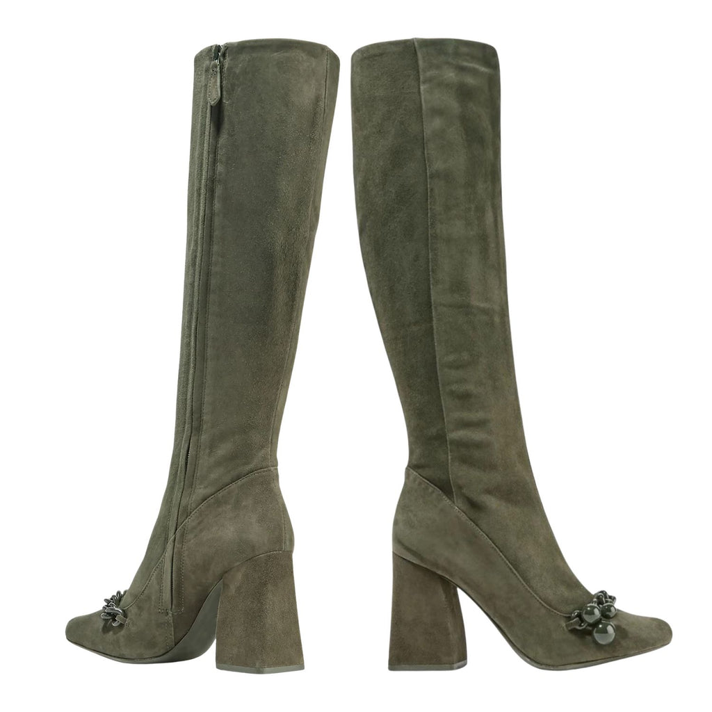 Tory Burch Green Chain-Embellished Suede Knee Boots – 30903