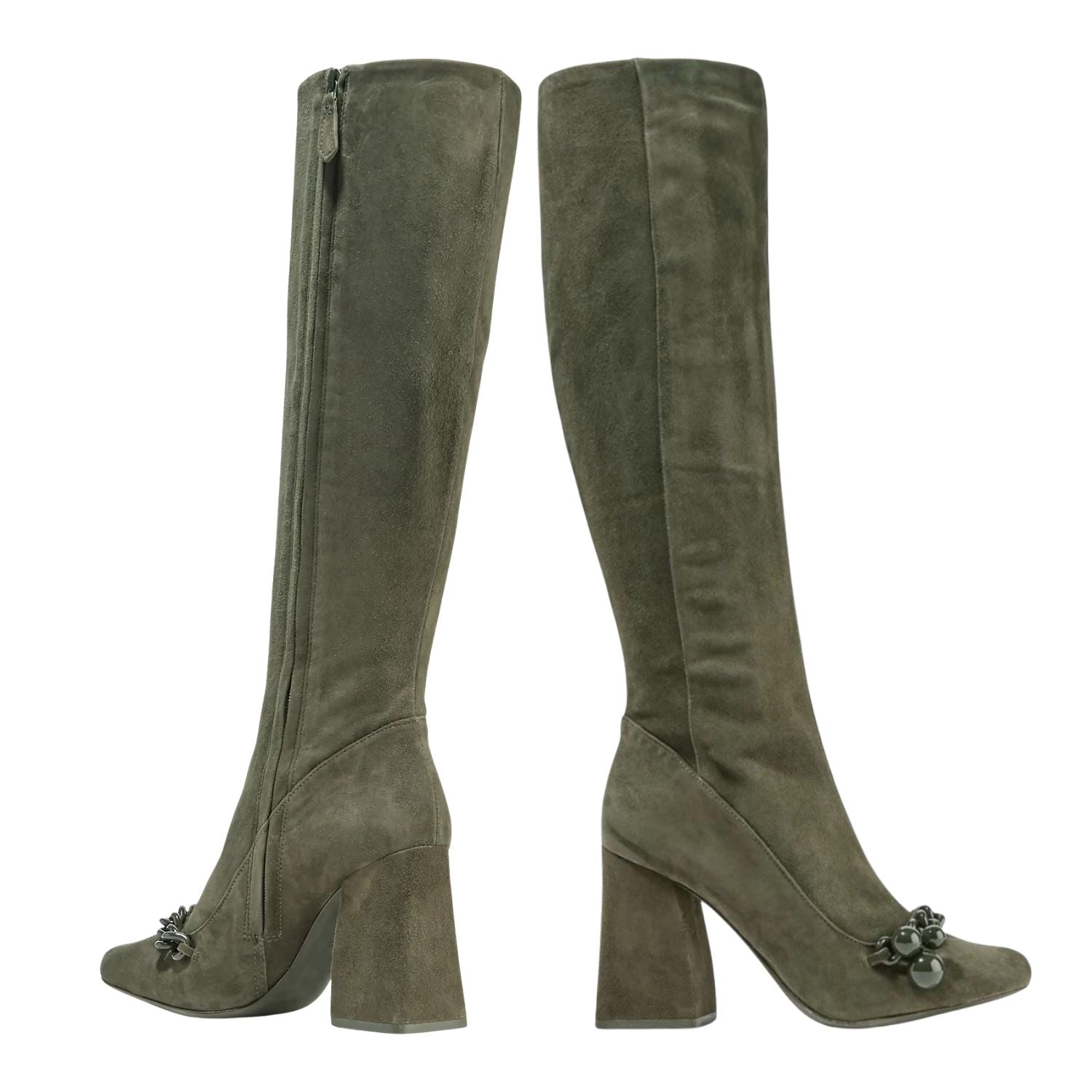 Tory Burch Green Chain-Embellished Suede Knee Boots – 30903