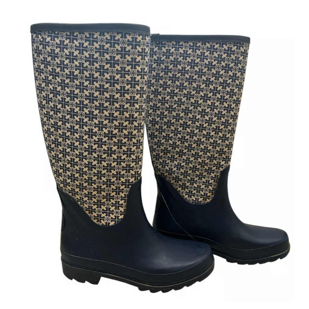 Tory Burch Navy Blue Monogram Rubber Boots - 30904