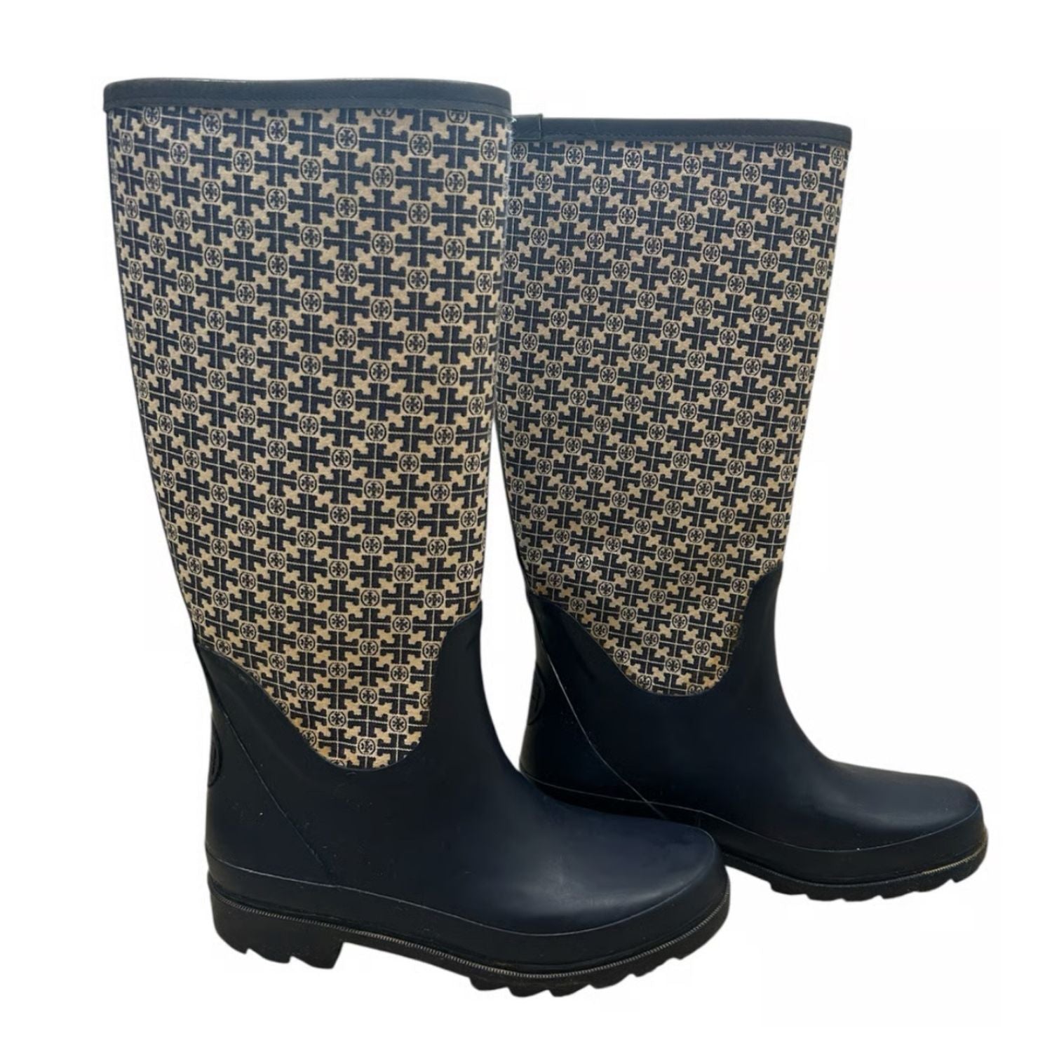 Tory Burch Navy Blue Monogram Rubber Boots - 30904