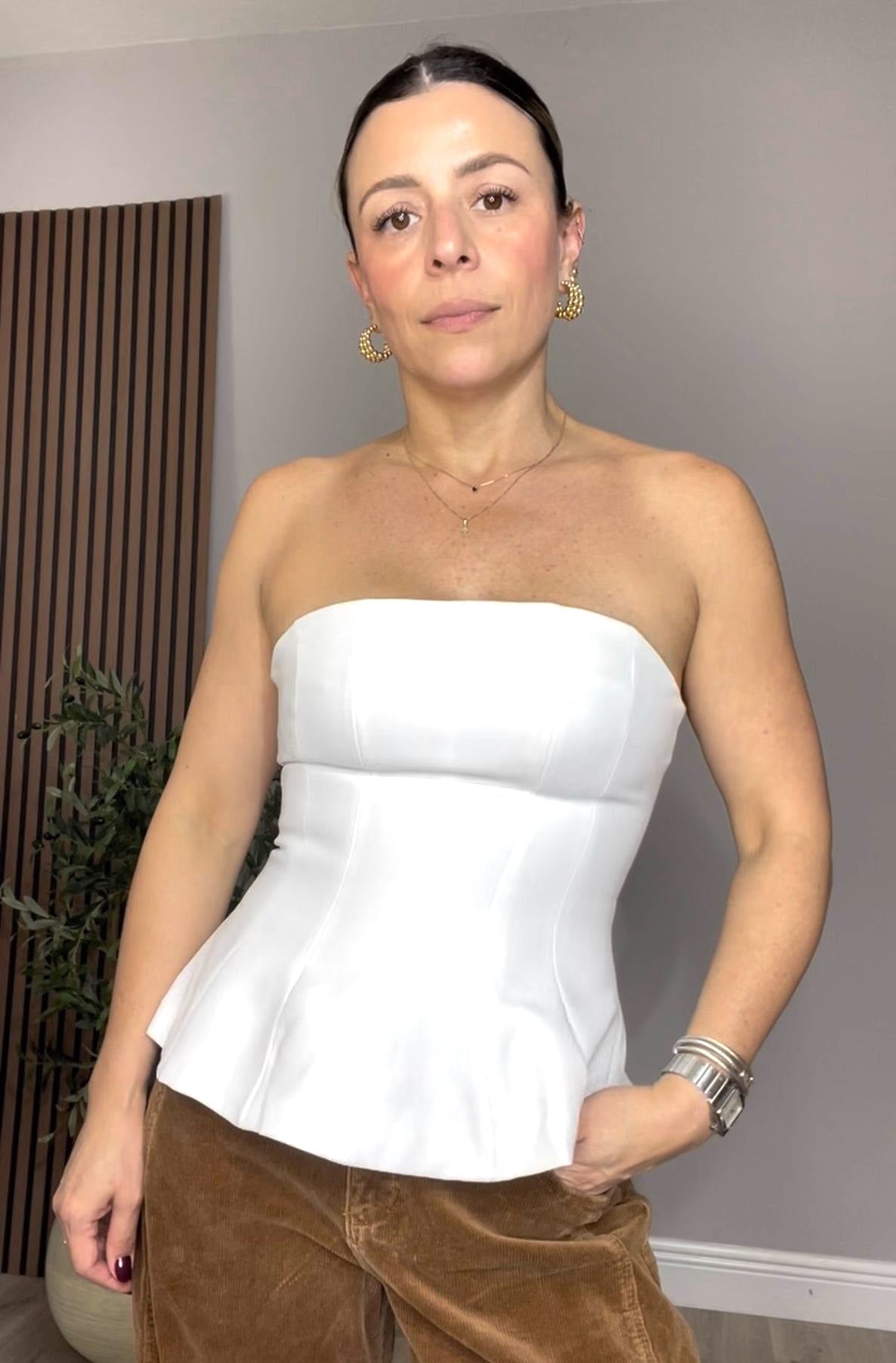 Structured Strapless Corset Peplum Top in White - 31126
