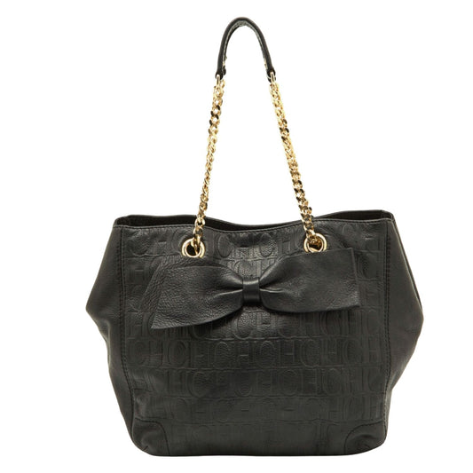 CH Carolina Herrera Black Embossed Leather Bow Shoulder Bag