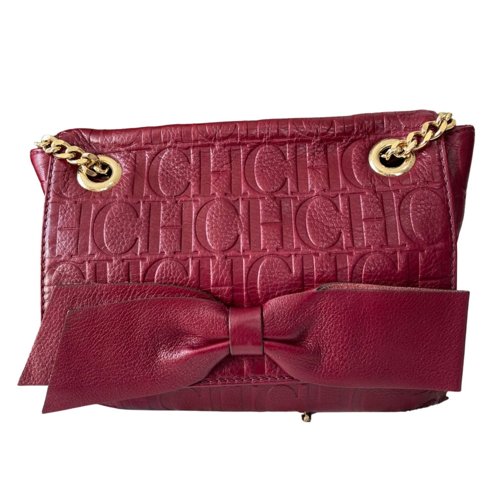 CH Carolina Herrera Burgundy Embossed Leather Bow Shoulder Bag - 30719