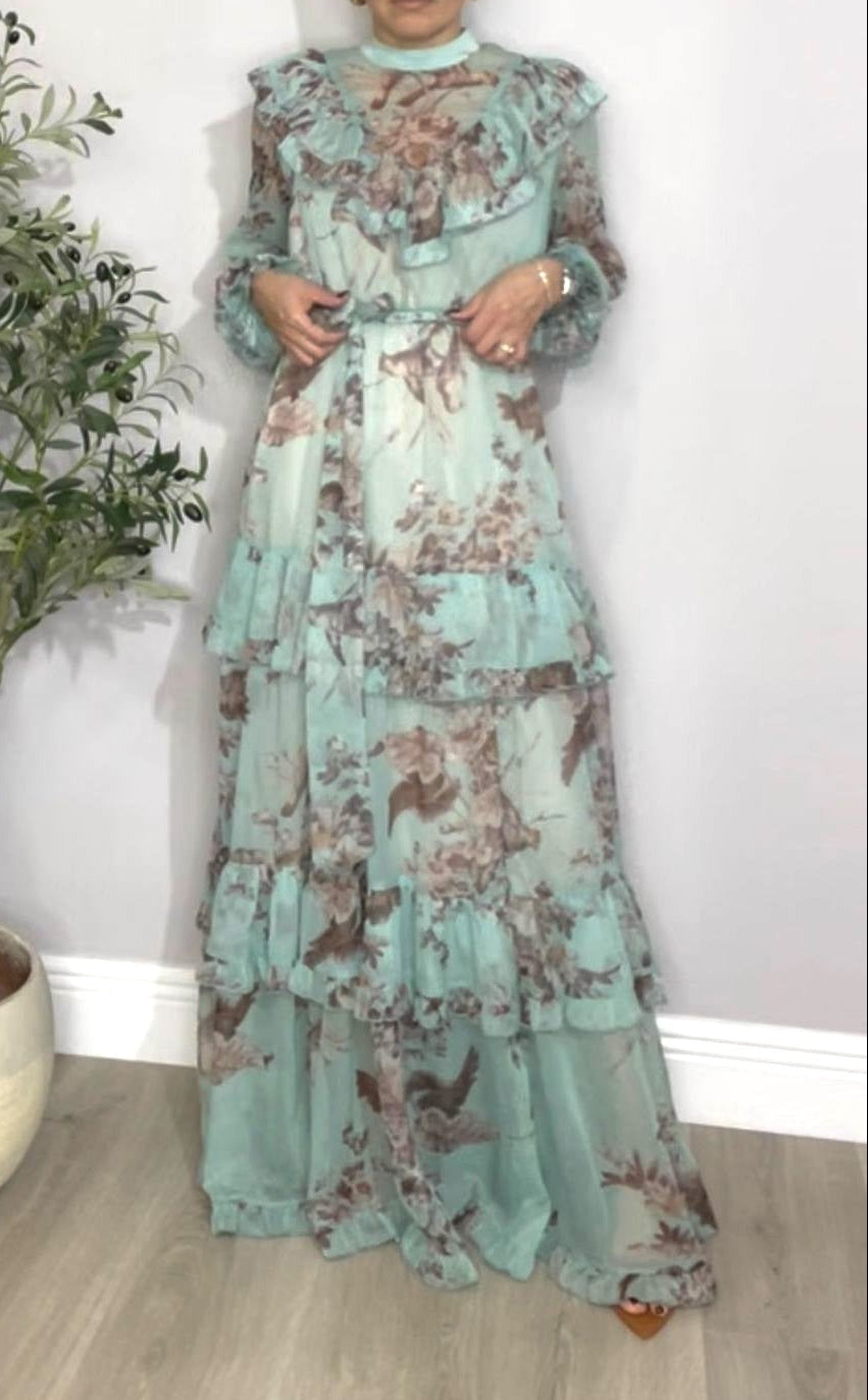 Floral Ruffle Maxi Dress in Mint - 30573