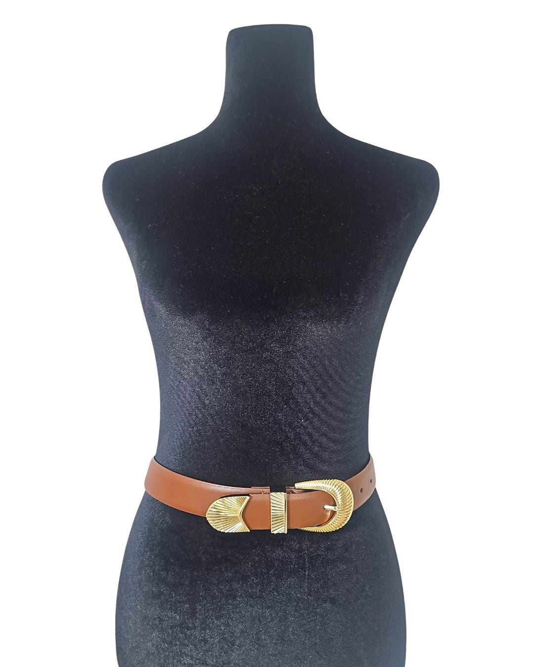 Sculptural Gold Buckle Leather Belt - 32812