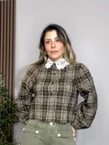 Plaid Quilted Blouse with Contrast Lace Collar - 33670