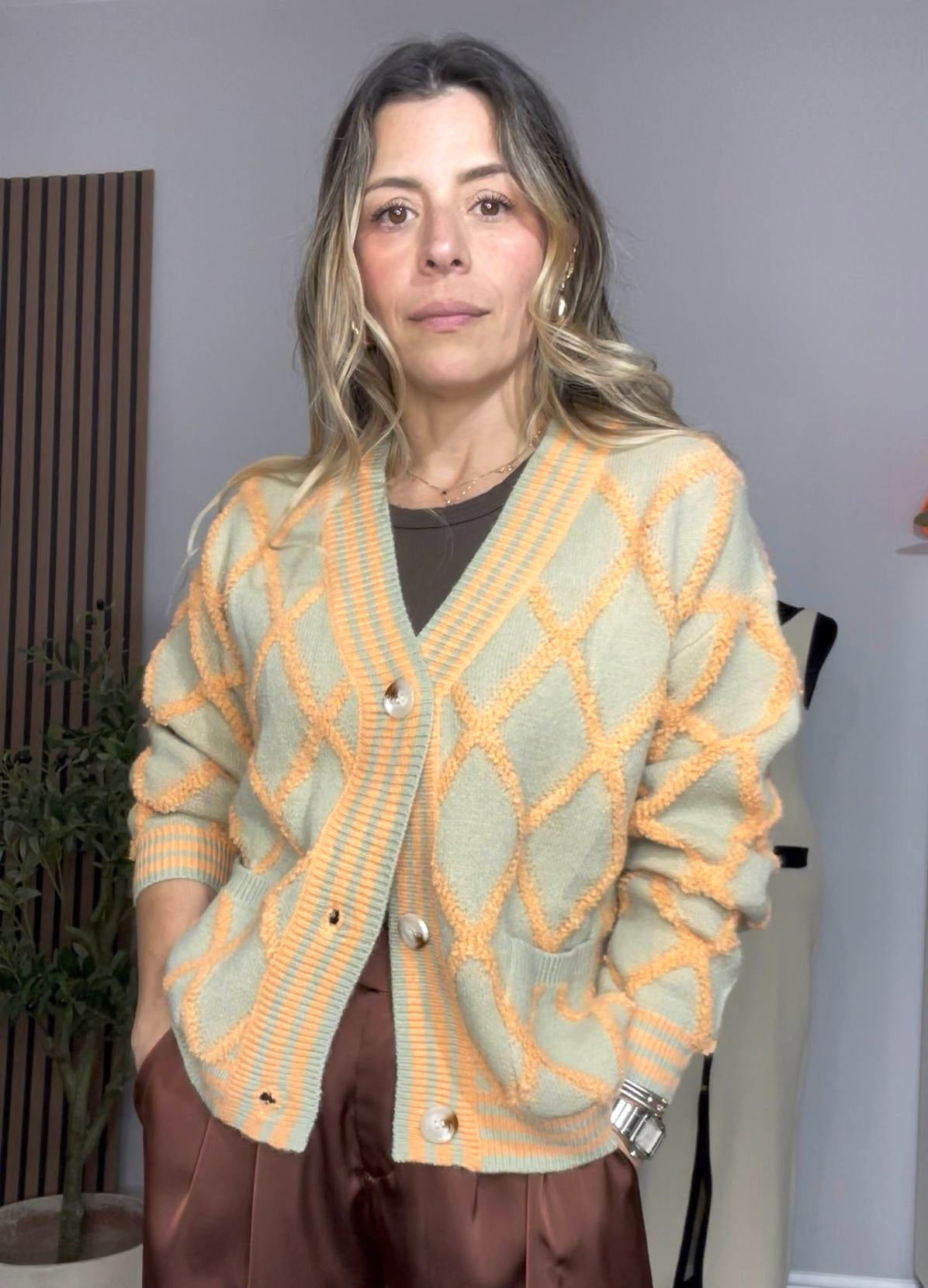 Two-Tone Argyle Button-Up Cardigan - 31125