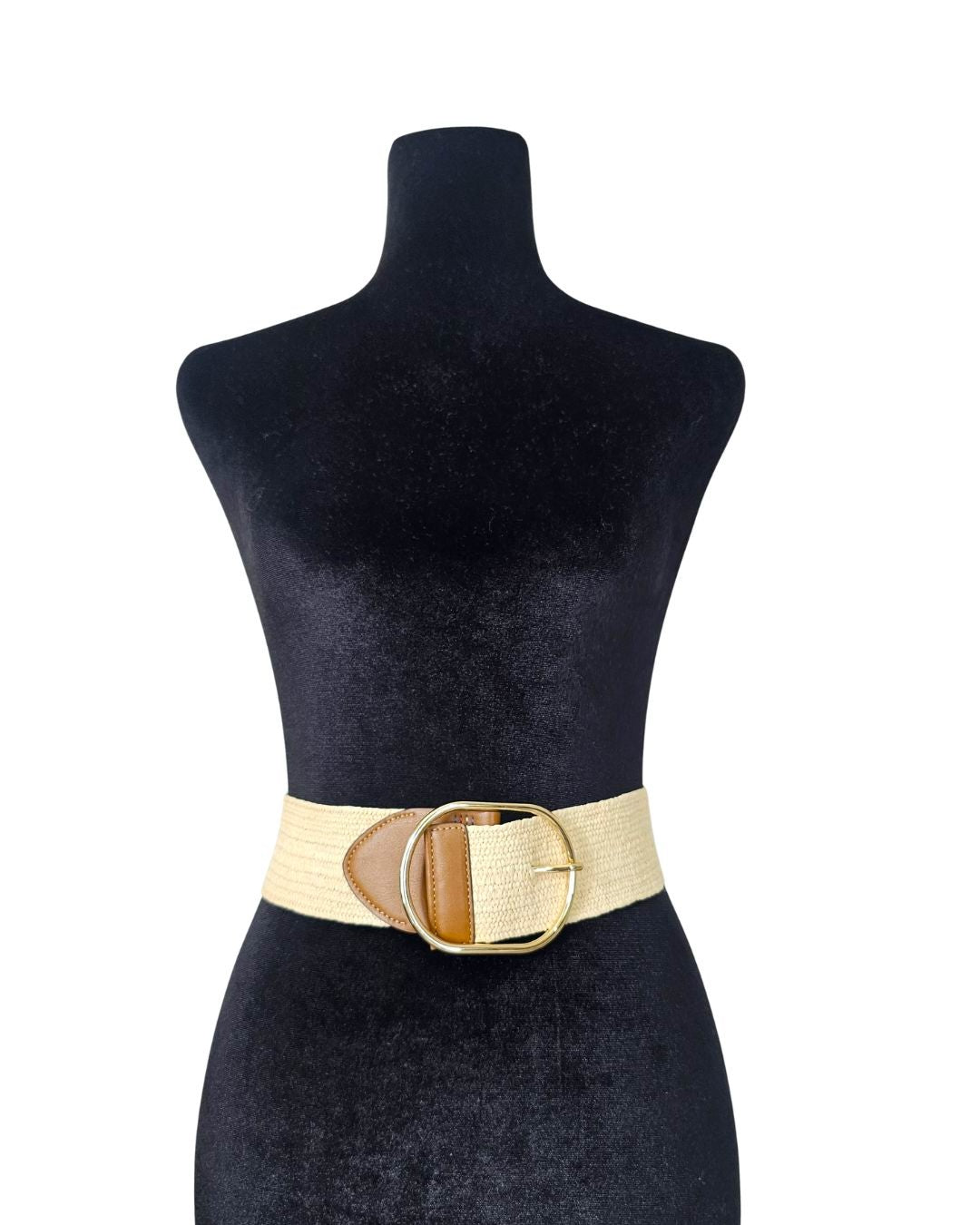 Woven Elastic Belt with Tan Faux Leather and Gold-Tone Buckle - 32801