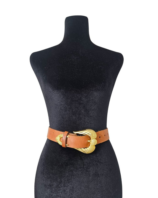 Tan Leather Belt with Ornate Winged Gold-Tone Buckle - 24929