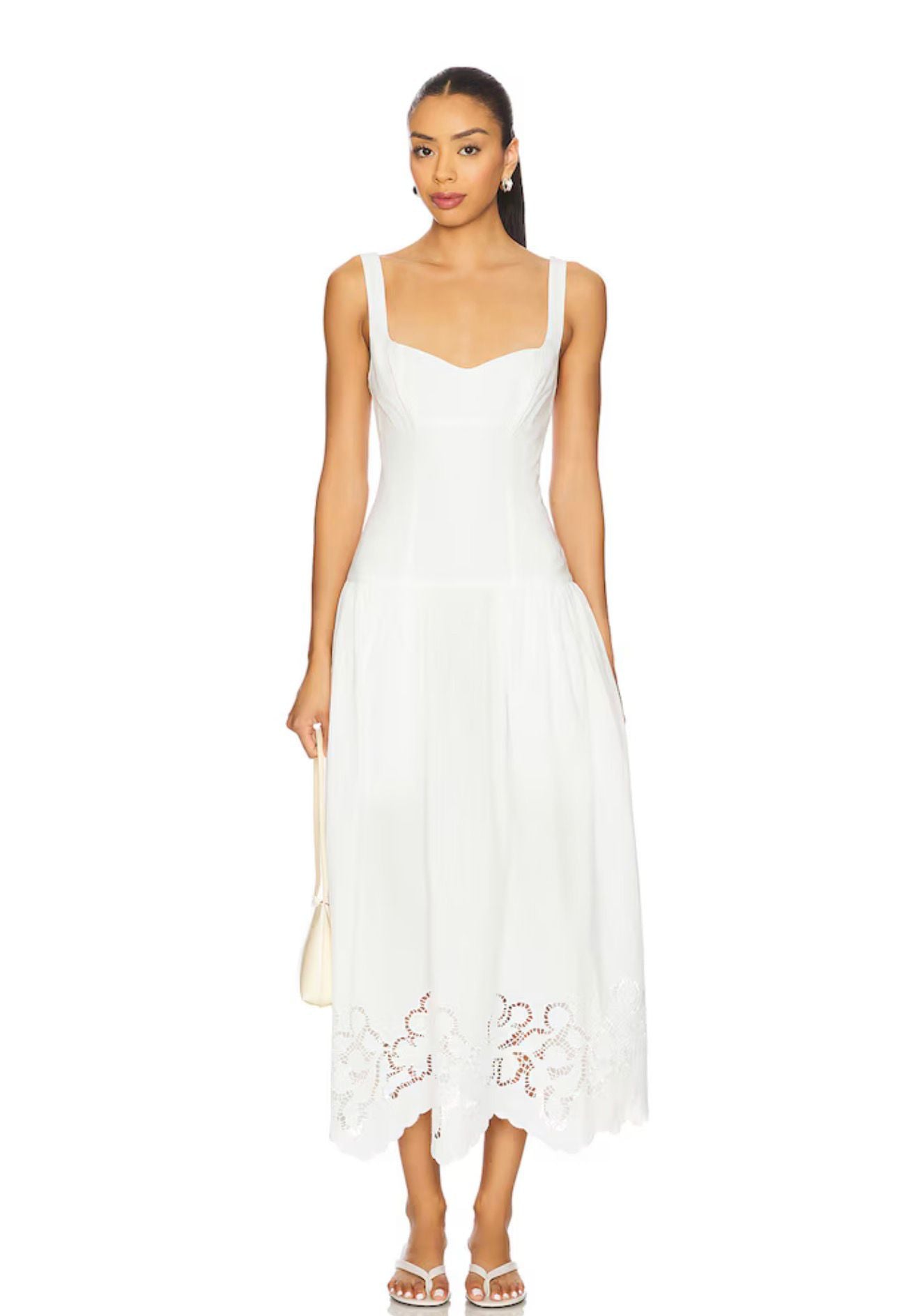 Tularosa White Midi Dress with Embroidered Hem - 32472