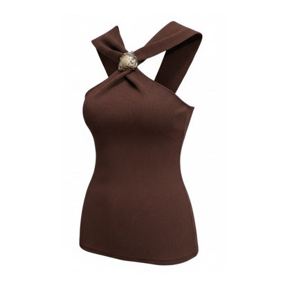 Brown ribbed halter top with a fitted silhouette - 28906