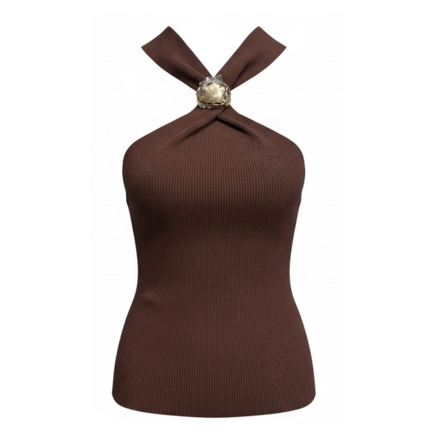 Brown ribbed halter top with a fitted silhouette - 28906
