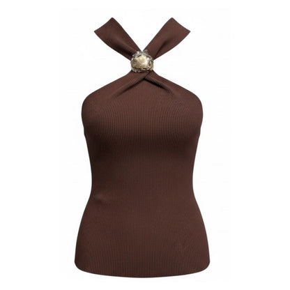 Brown ribbed halter top with a fitted silhouette - 28906