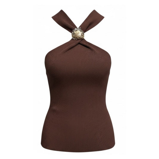 Brown ribbed halter top with a fitted silhouette - 28906