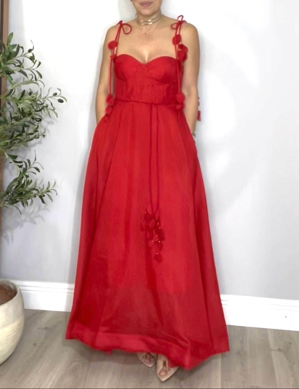 Vibrant Crimson Corset Maxi Dress- 32029