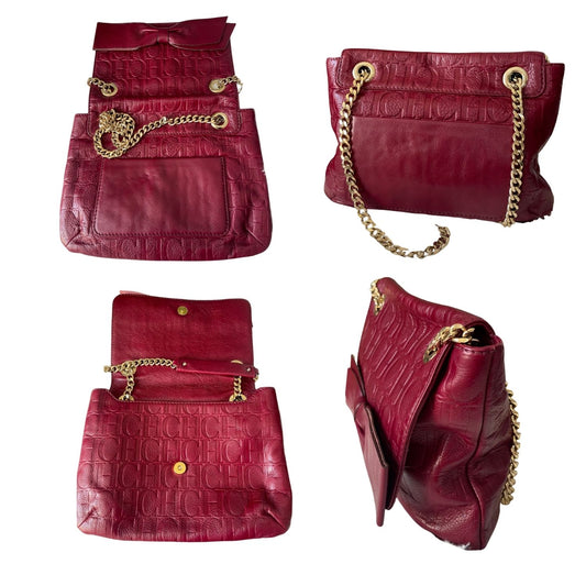 CH Carolina Herrera Burgundy Embossed Leather Bow Shoulder Bag - 30719