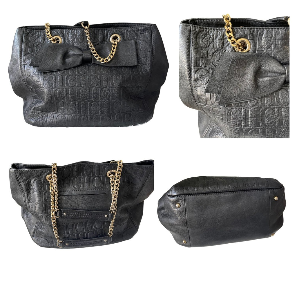 CH Carolina Herrera Black Embossed Leather Bow Shoulder Bag - 30720