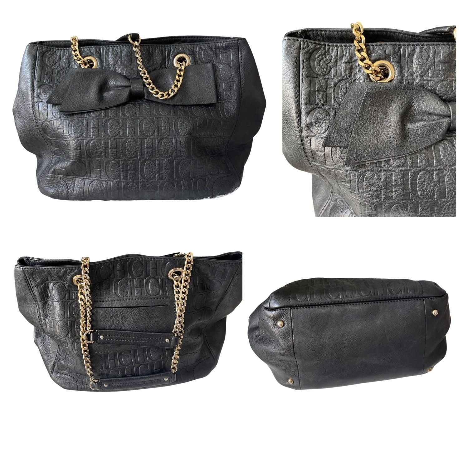 CH Carolina Herrera Black Embossed Leather Bow Shoulder Bag - 30720