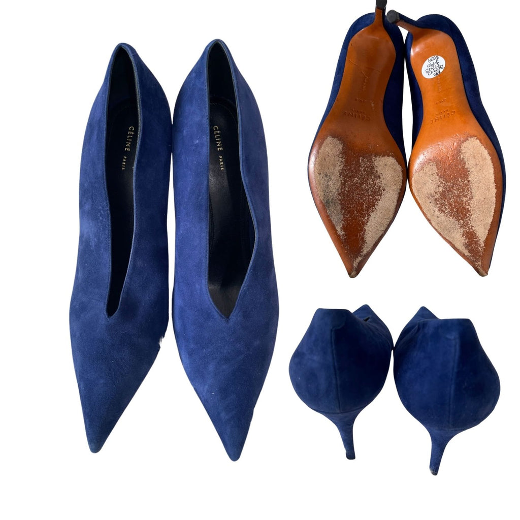 Celine Suede Pointed-Toe Pumps – Blue - 30912