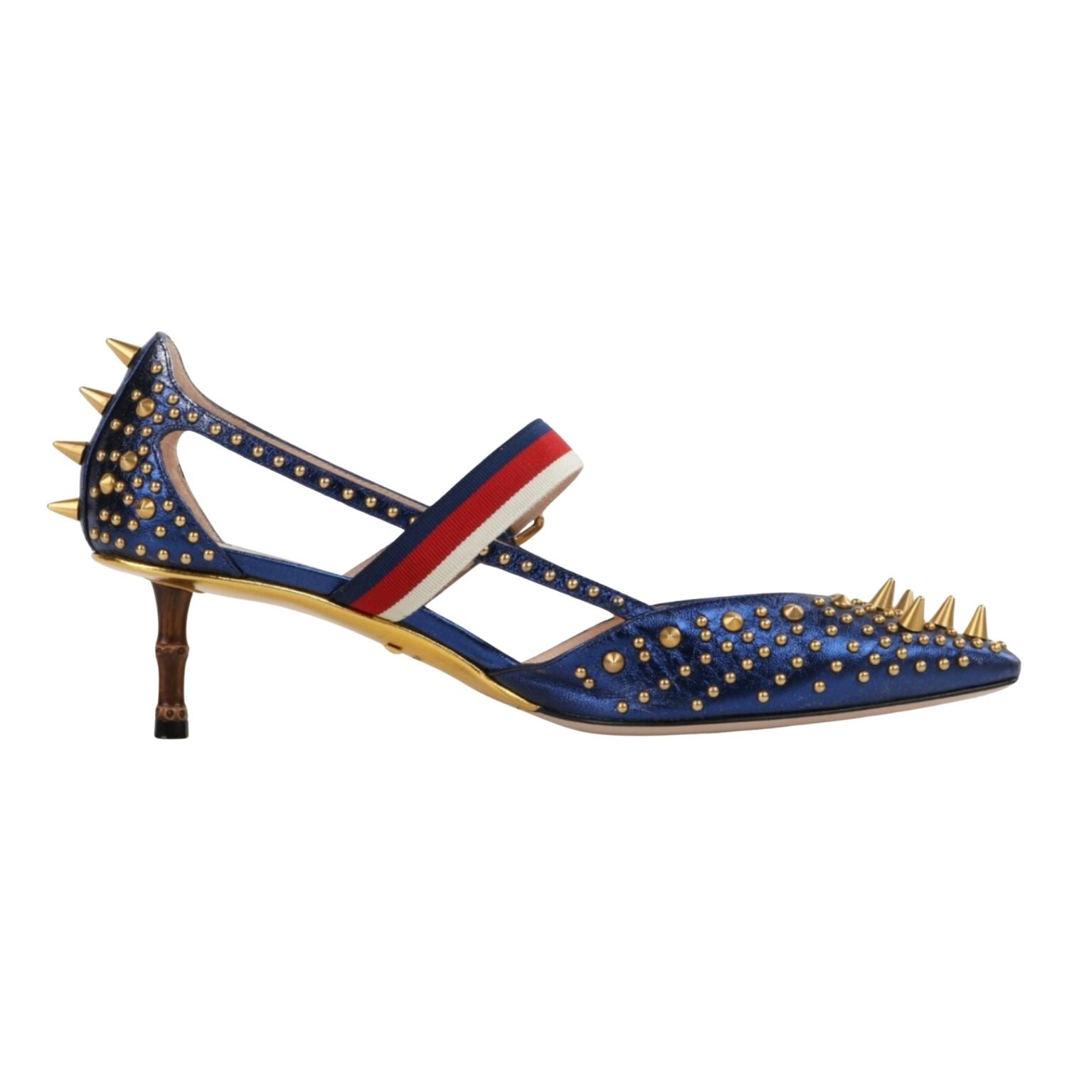 Gucci Studded Pointed-Toe Heels – Blue & Gold - 30918