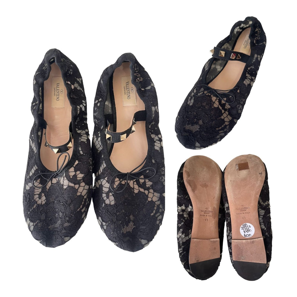 Valentino Garavani Lace Ballet Flats with Rockstud Detail – Black - 30913