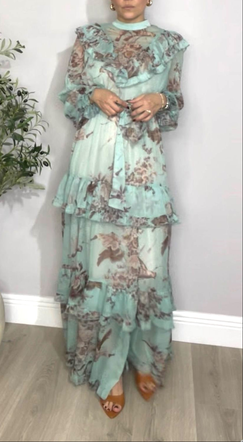 Floral Ruffle Maxi Dress in Mint - 30573