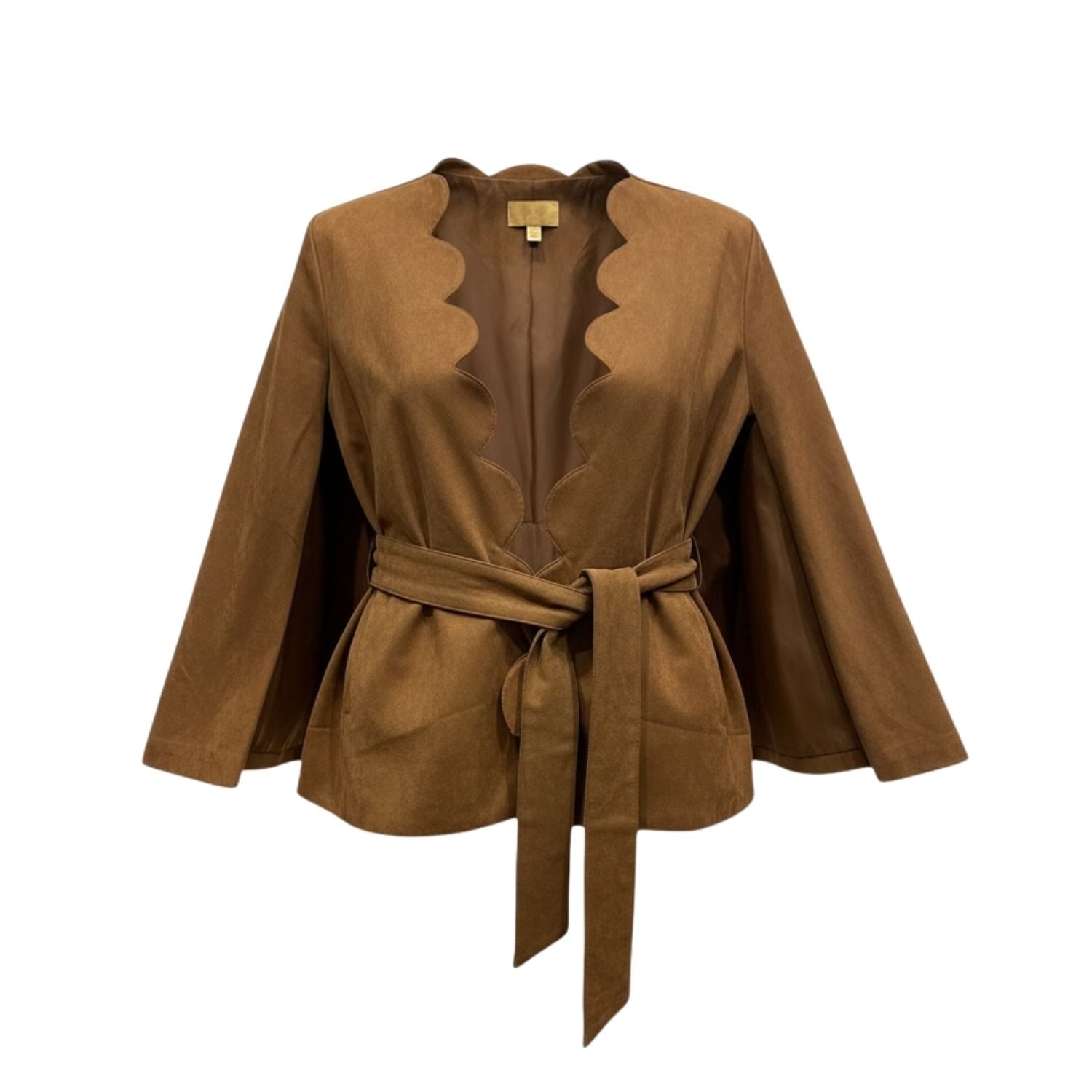 Camel Scalloped Suede-Style Wrap Jacket - 30024