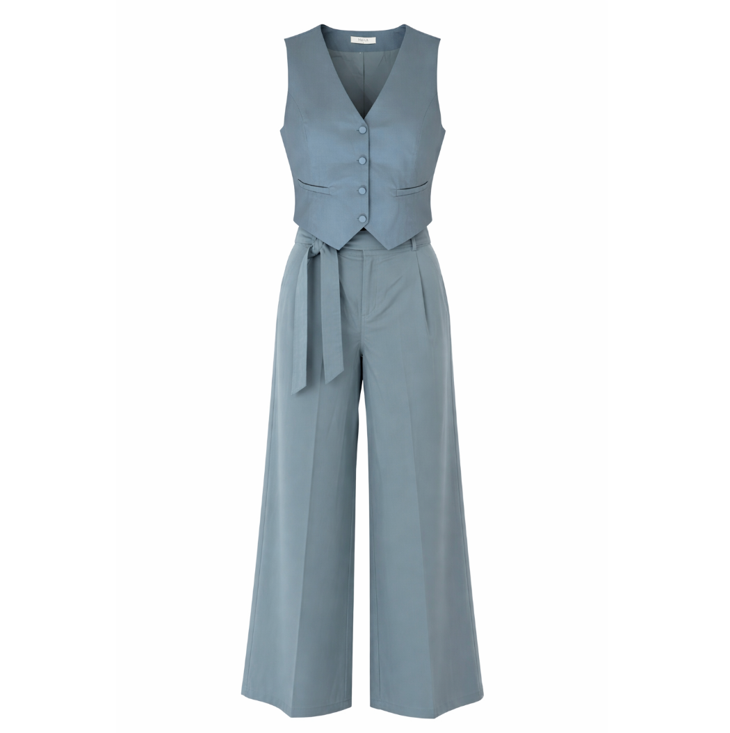 Blue-Grey Tailored Vest & Wide-Leg Pants Set - 31308