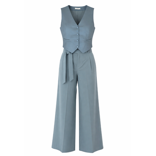 Blue-Grey Tailored Vest & Wide-Leg Pants Set - 31308