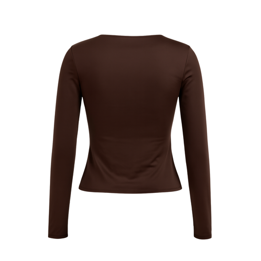 Mocha Brown Long-Sleeve Stretch Top with Gold Buckle - 30866