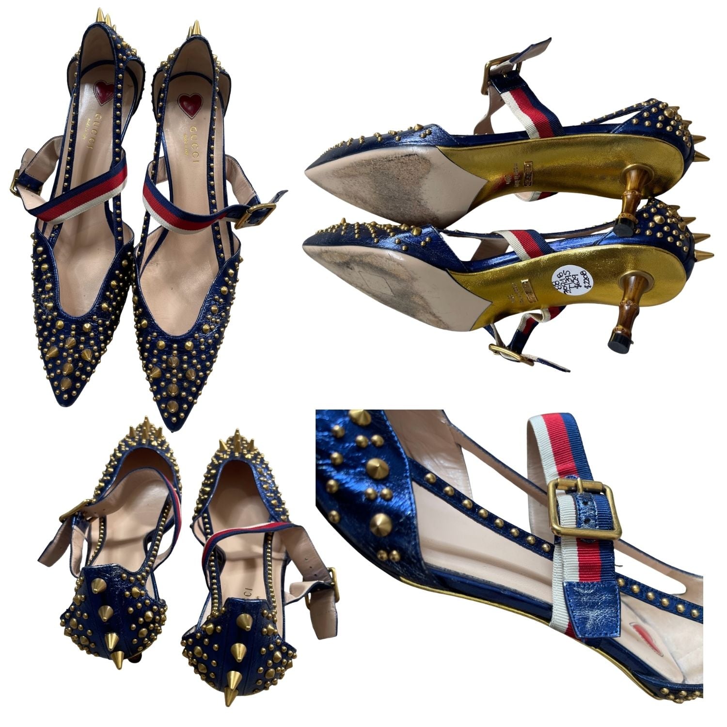 Gucci Studded Pointed-Toe Heels – Blue & Gold - 30918