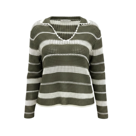 Striped Knit Sweater with V-Neck - 31317