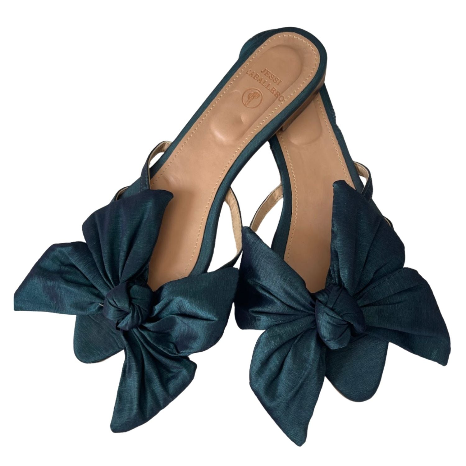Jessi Caballero Bow Satin Slides – Teal Green  - 30914