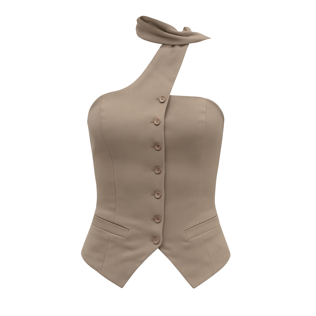 Halter Neck Button-Front Tailored Vest Top - 31139