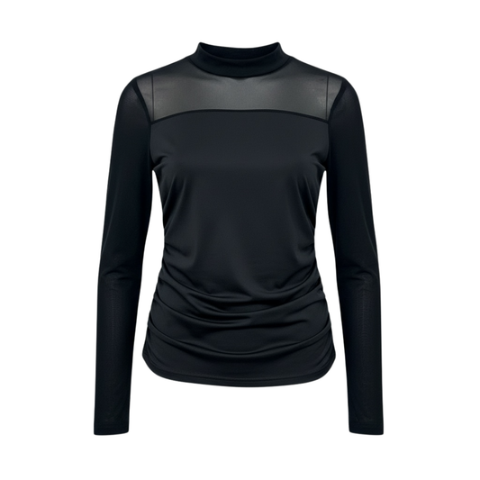 Sheer Panel High-Neck Long Sleeve Top - 31094