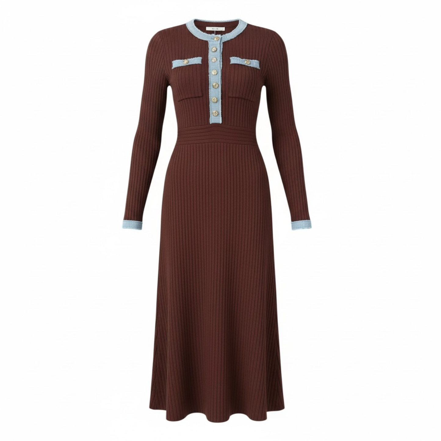 Vestido tejido café, detalles azules, botones dorados - 30611