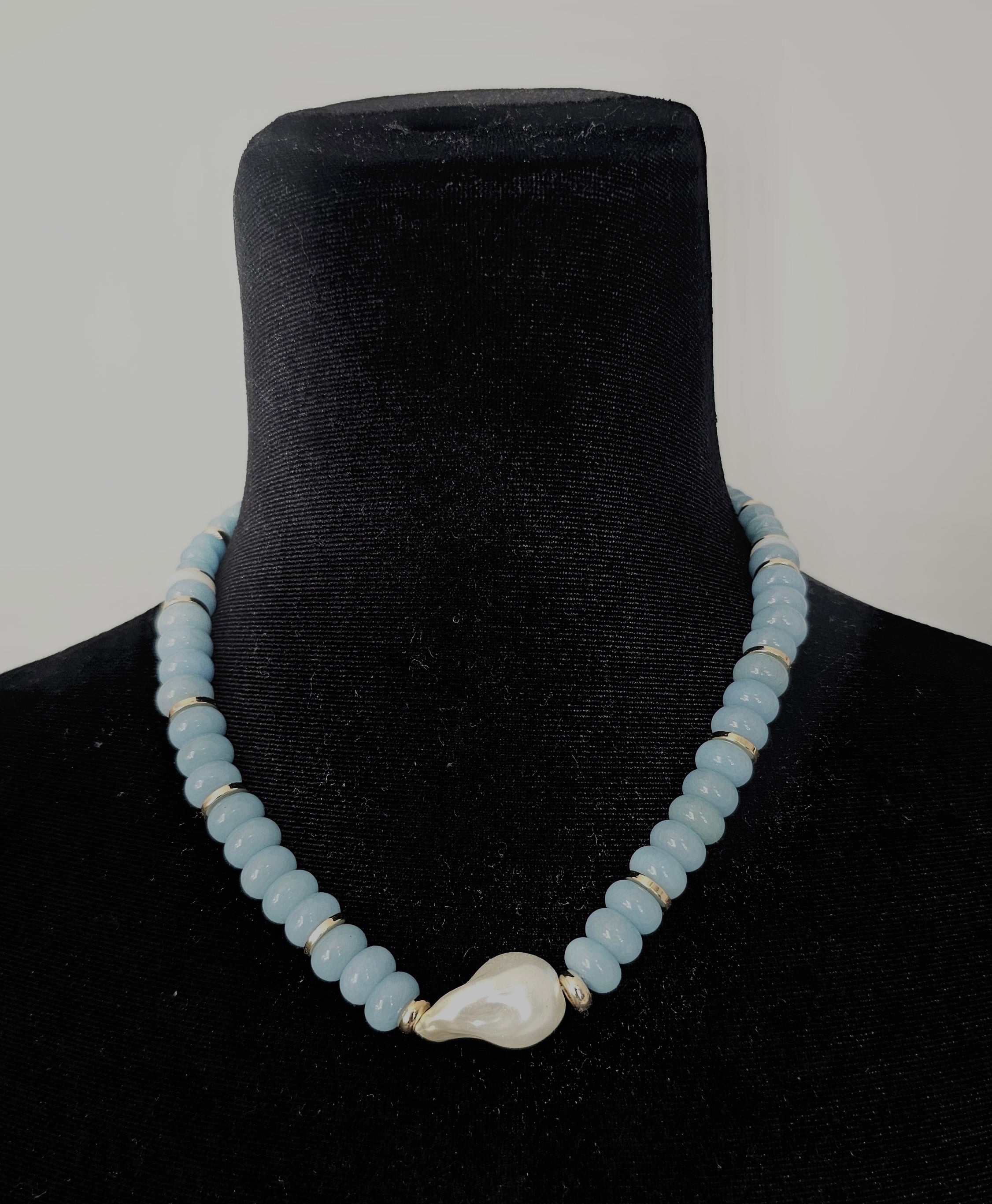 Pale Blue Beaded Necklace with Pearl Pendant - 33148
