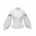 Sheer Puff Sleeve Button-Down Blouse with Embroidery - 31772
