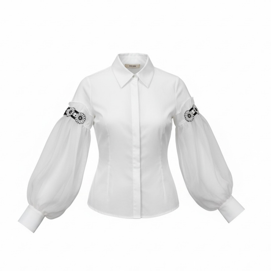 Sheer Puff Sleeve Button-Down Blouse with Embroidery - 31772