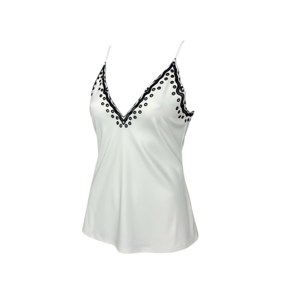 Blusa beige satinada borde negro hoja rota - 30604