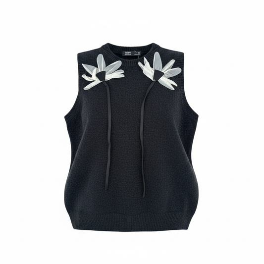 Tejido negro petalos beige en mesh  - 30788